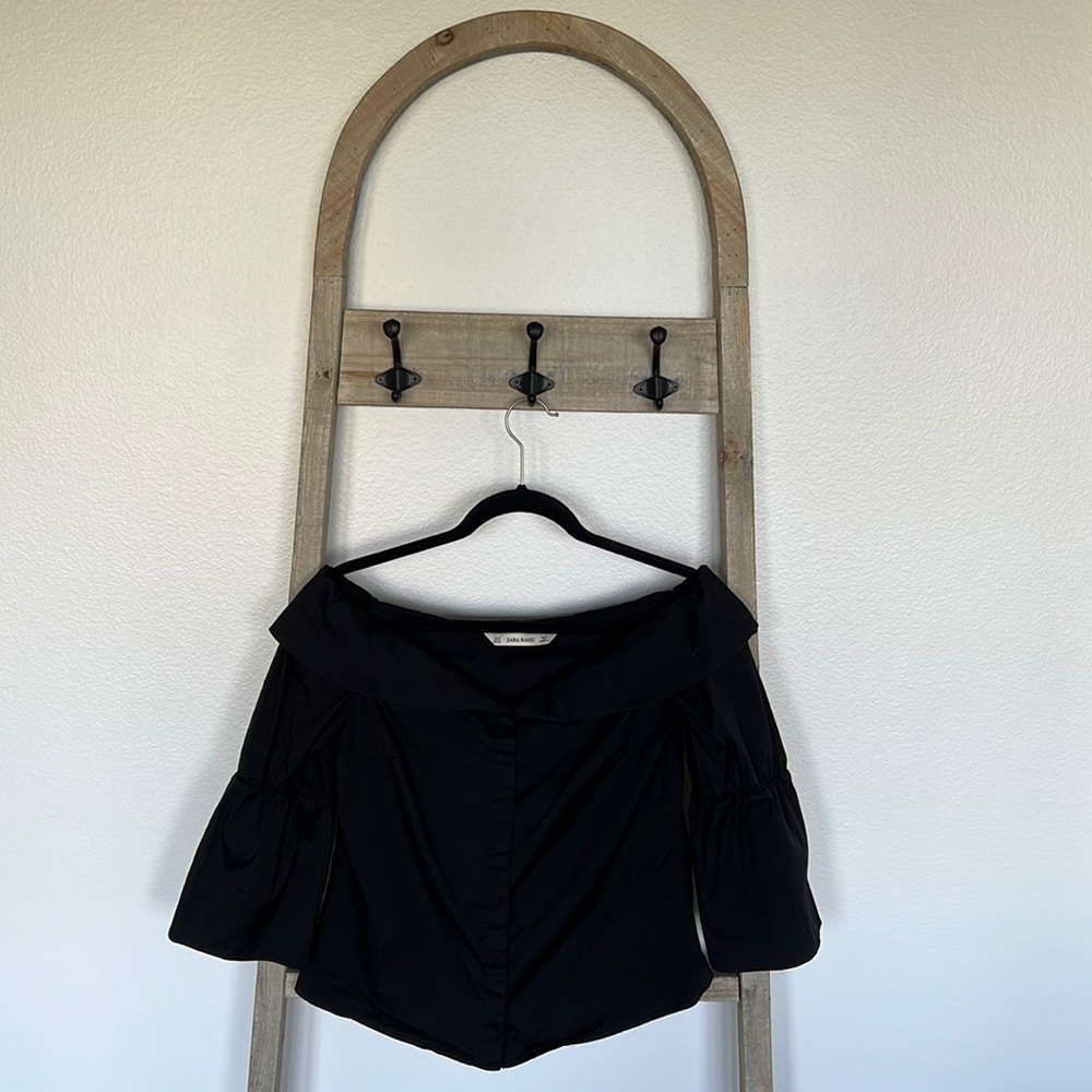 Zara Off Shoulder Button Up 3/4 Sleeve Black Shirt Size M - Picture 5 of 11